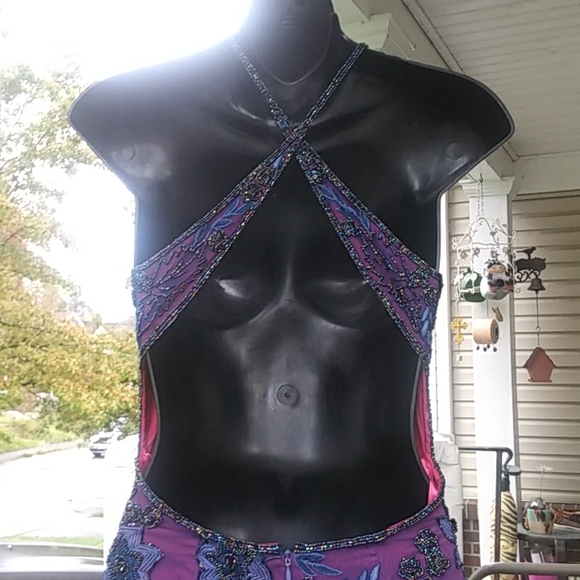 Stunning! Cache full length, blue beaded,sheer gown, with hot pink lining.Sz.2-4 - Picture 4 of 9